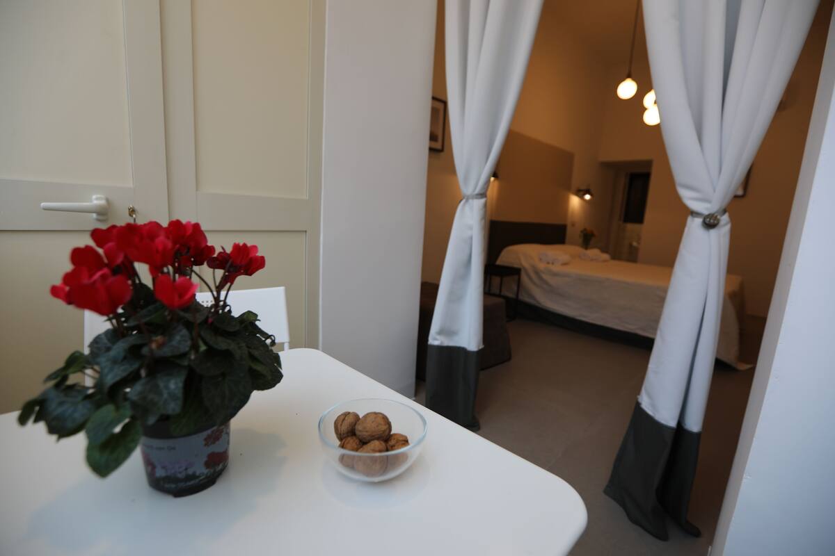 A room with a bed, a bedside table with a potted plant and a bowl of nuts, and white curtains.