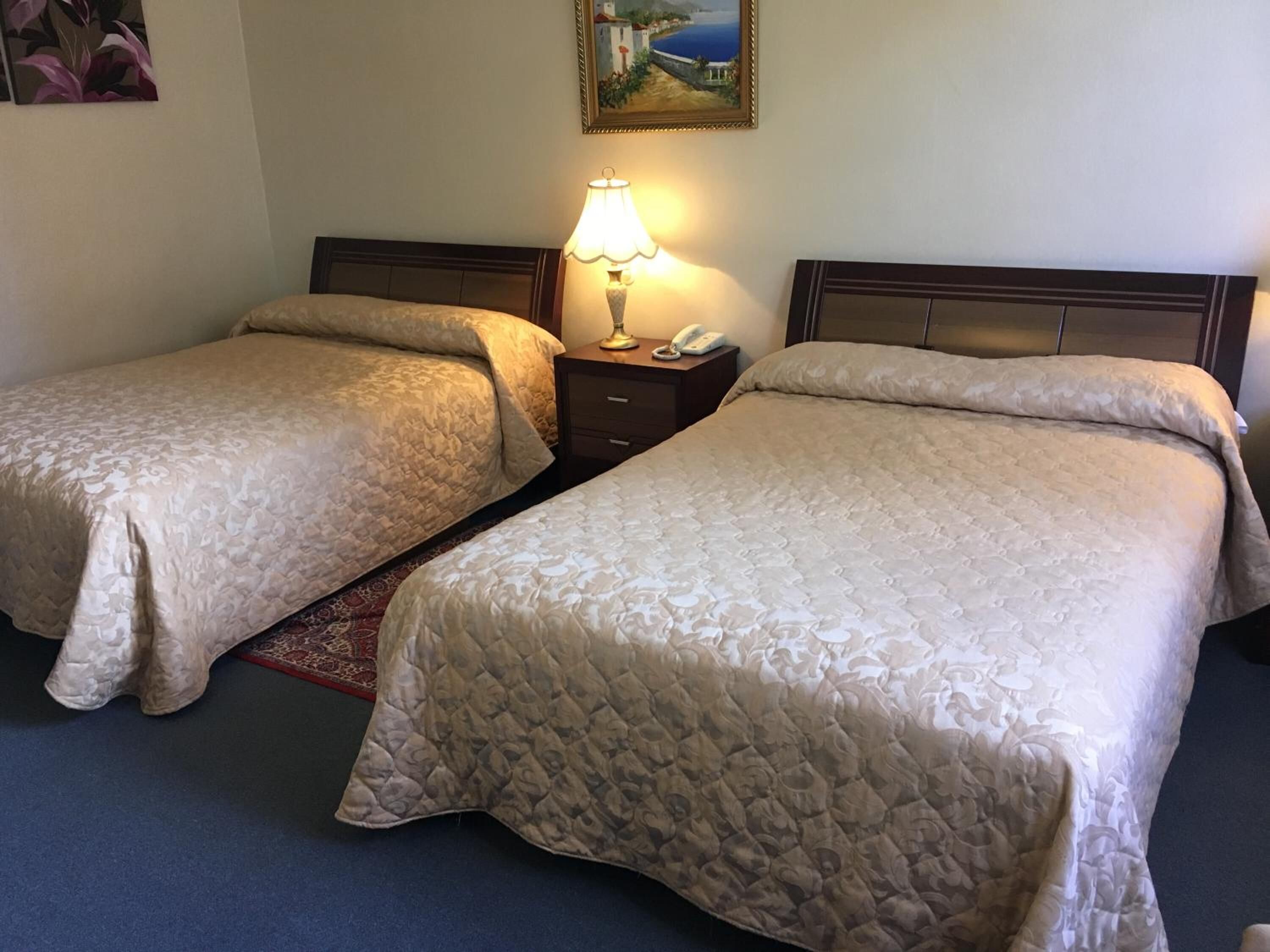 Habitació d'hotel amb dos llits, una tauleta de nit amb una làmpada i un quadre a la paret.