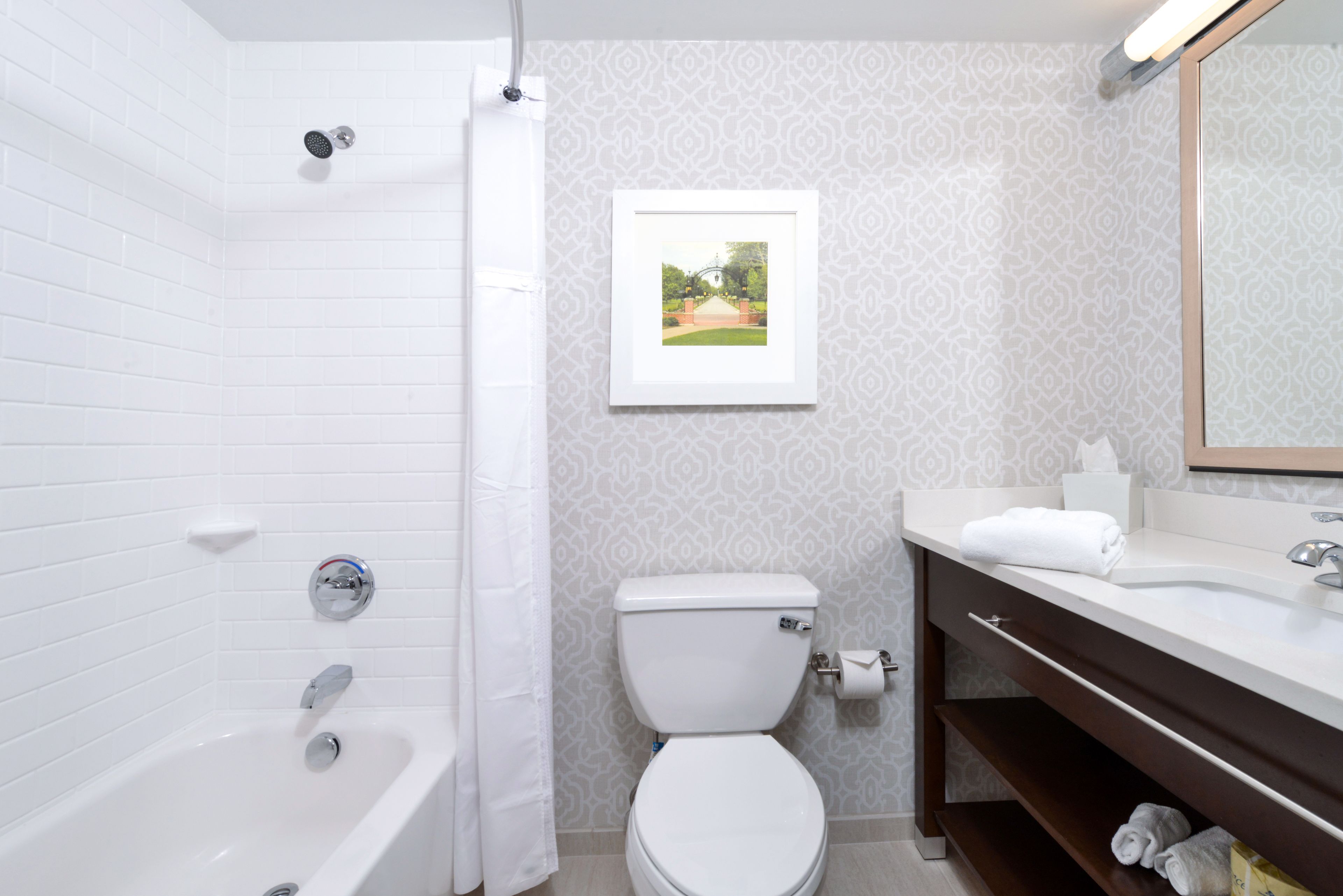 standard room, 2 queen beds, refrigerator & microwave | bathroom | free toiletries, hair dryer, towels