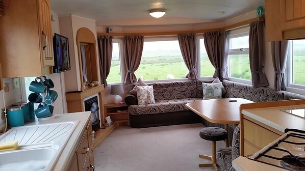 Mountain View 1 Caravan | Living area | Flat-screen TV, fireplace, DVD player