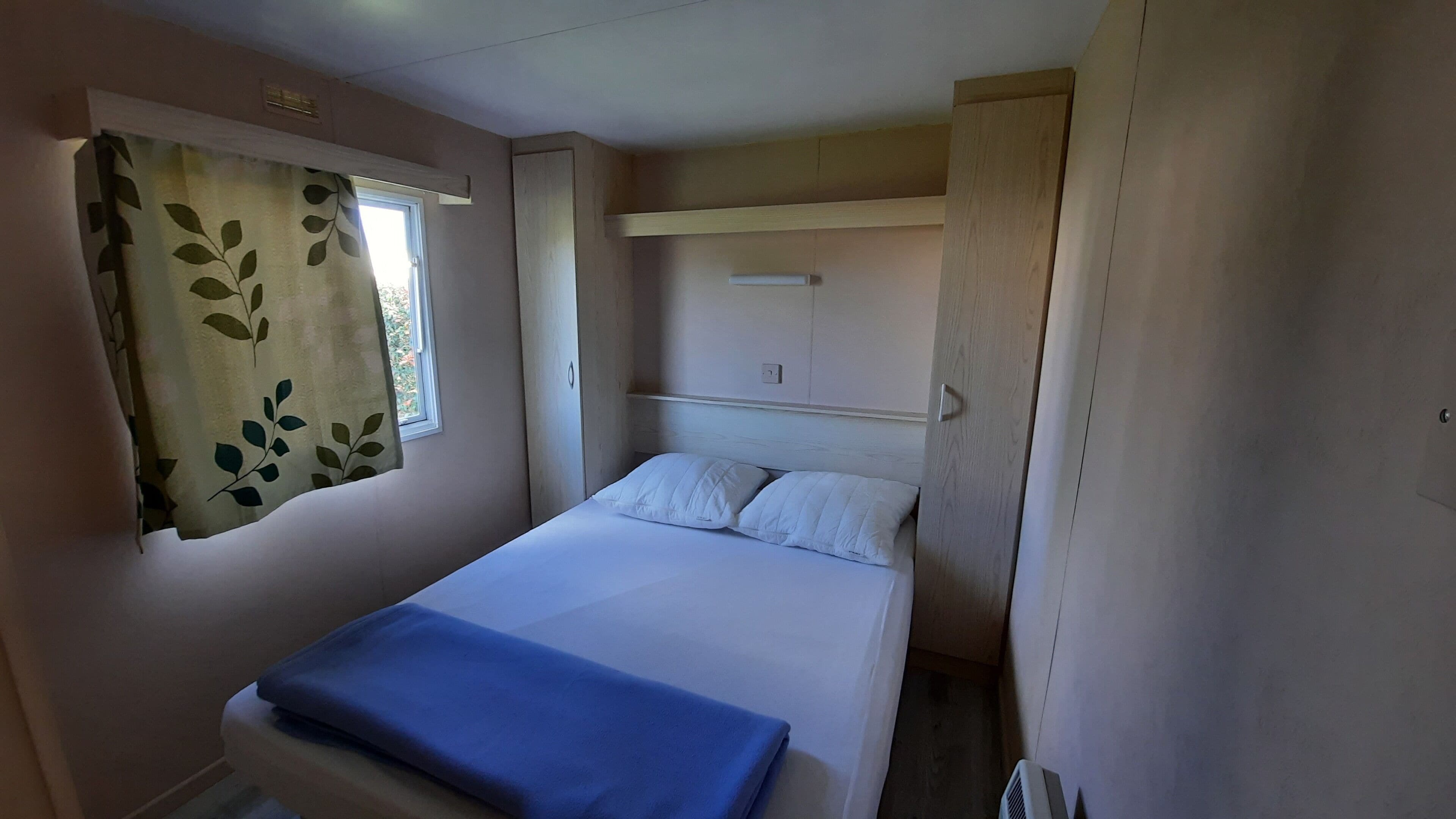 A single bed with a blue blanket, a window with a leaf-patterned curtain, and a wooden headboard.