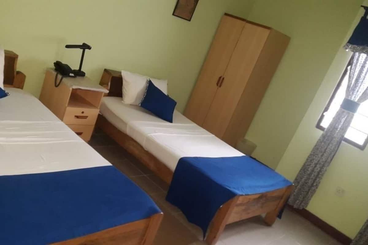 A room with two beds, a wardrobe, a desk with a lamp, and a window with curtains.