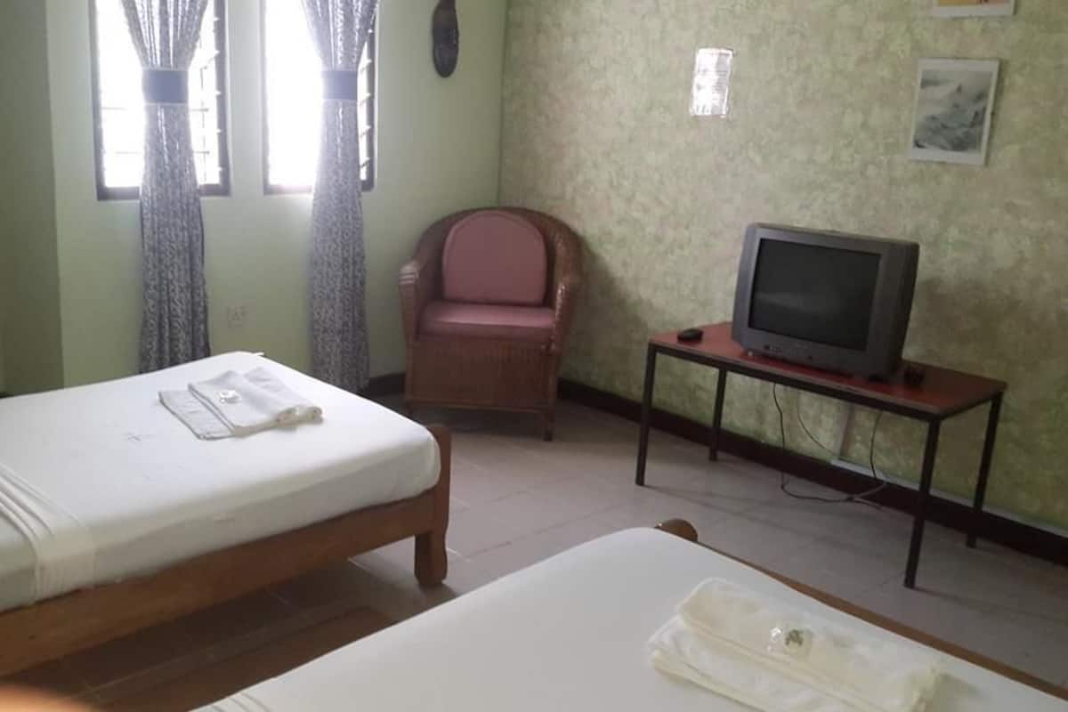 A room with two beds, a television on a stand, a chair, and curtains on the window.