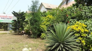 Señal de 'The Almond Tree Guest House' con un jardín exuberante al frente.