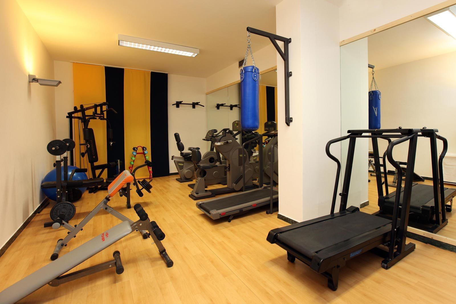 A gym with various exercise equipment including treadmills, weight machines, and a punching bag.