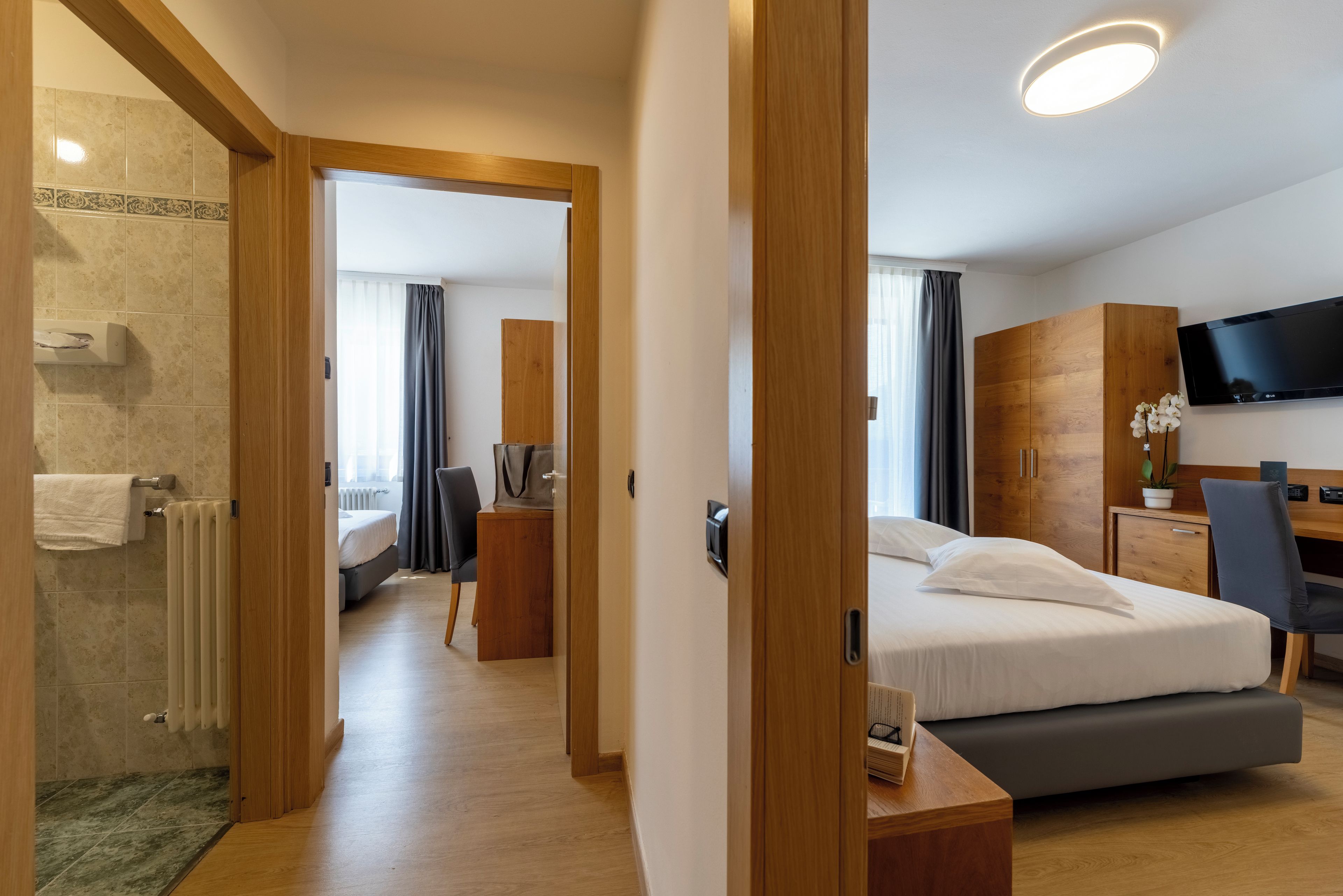 A hotel room with a bed, a desk, a television, and a bathroom with a shower and toilet.