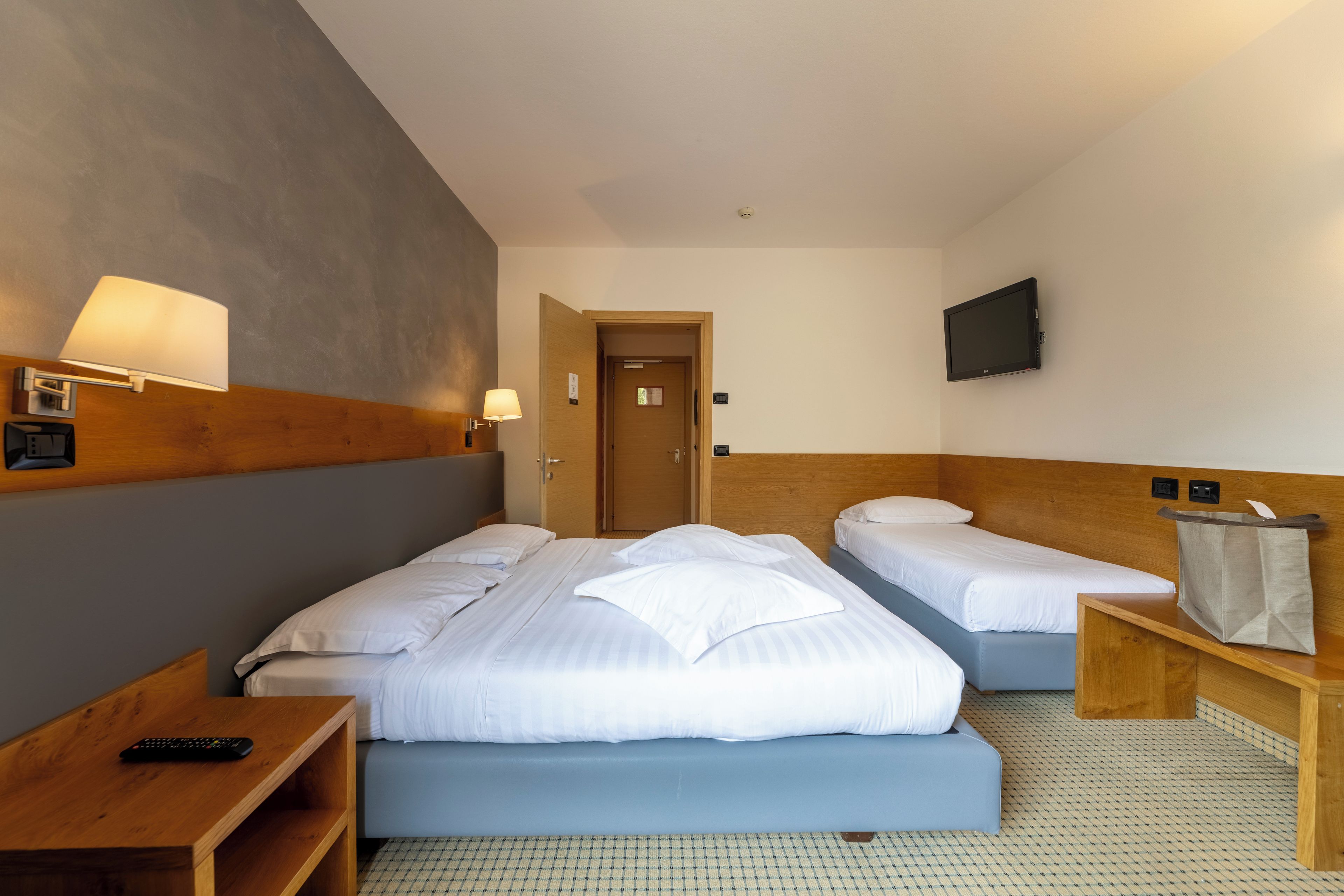 Una habitación de hotel con una cama grande, una cama más pequeña, un televisor, un escritorio y una mesita de noche.