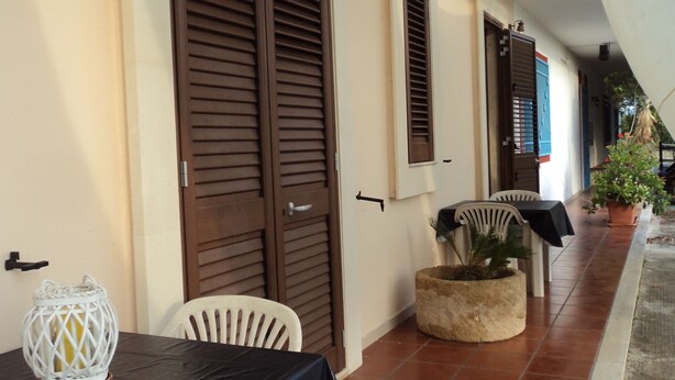 Un espacio al aire libre cubierto con mesa y sillas, una planta en maceta y una puerta con contraventanas.