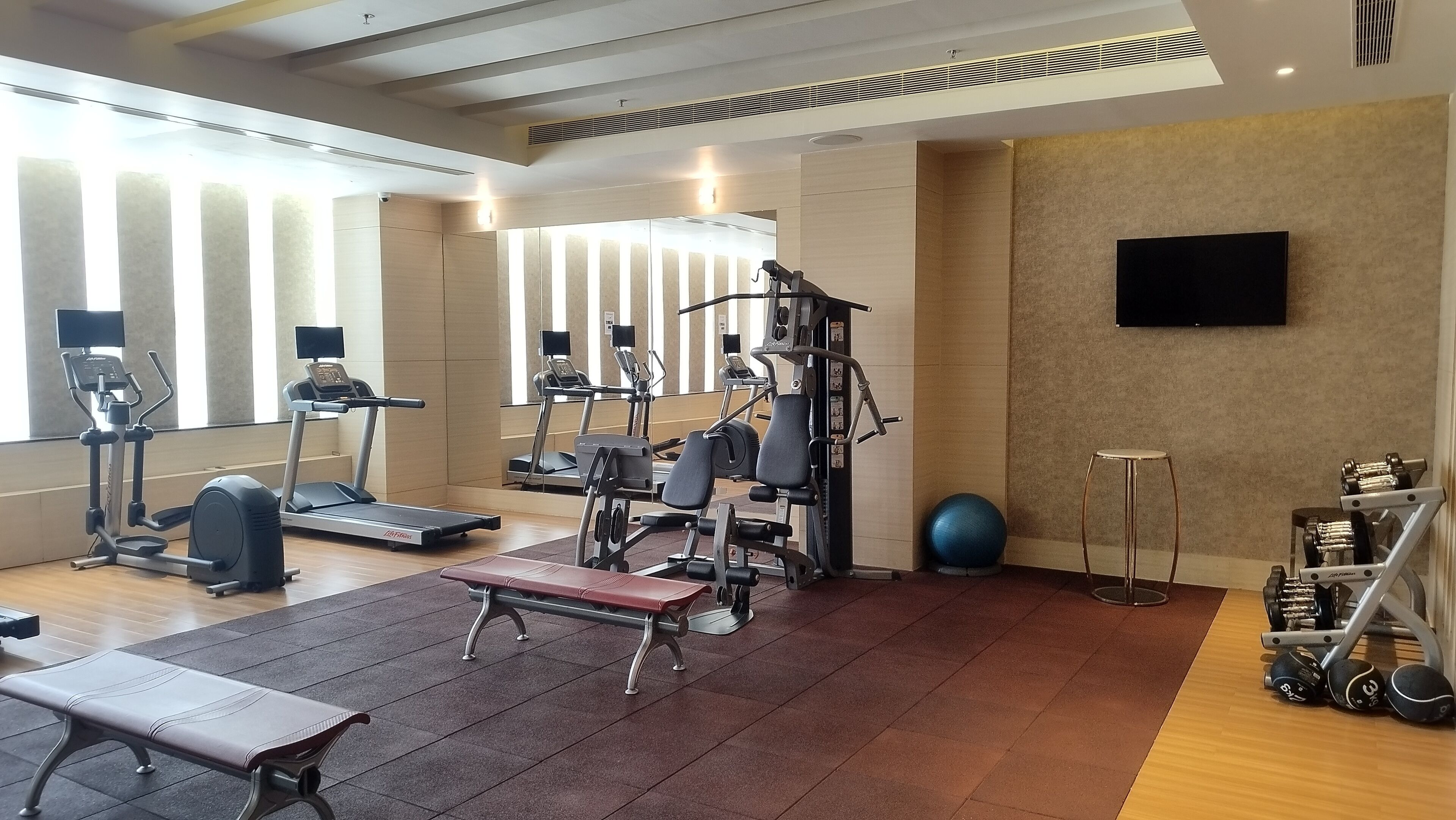 Une salle de sport équipée de machines de cardio, de matériel de musculation et d’un banc.