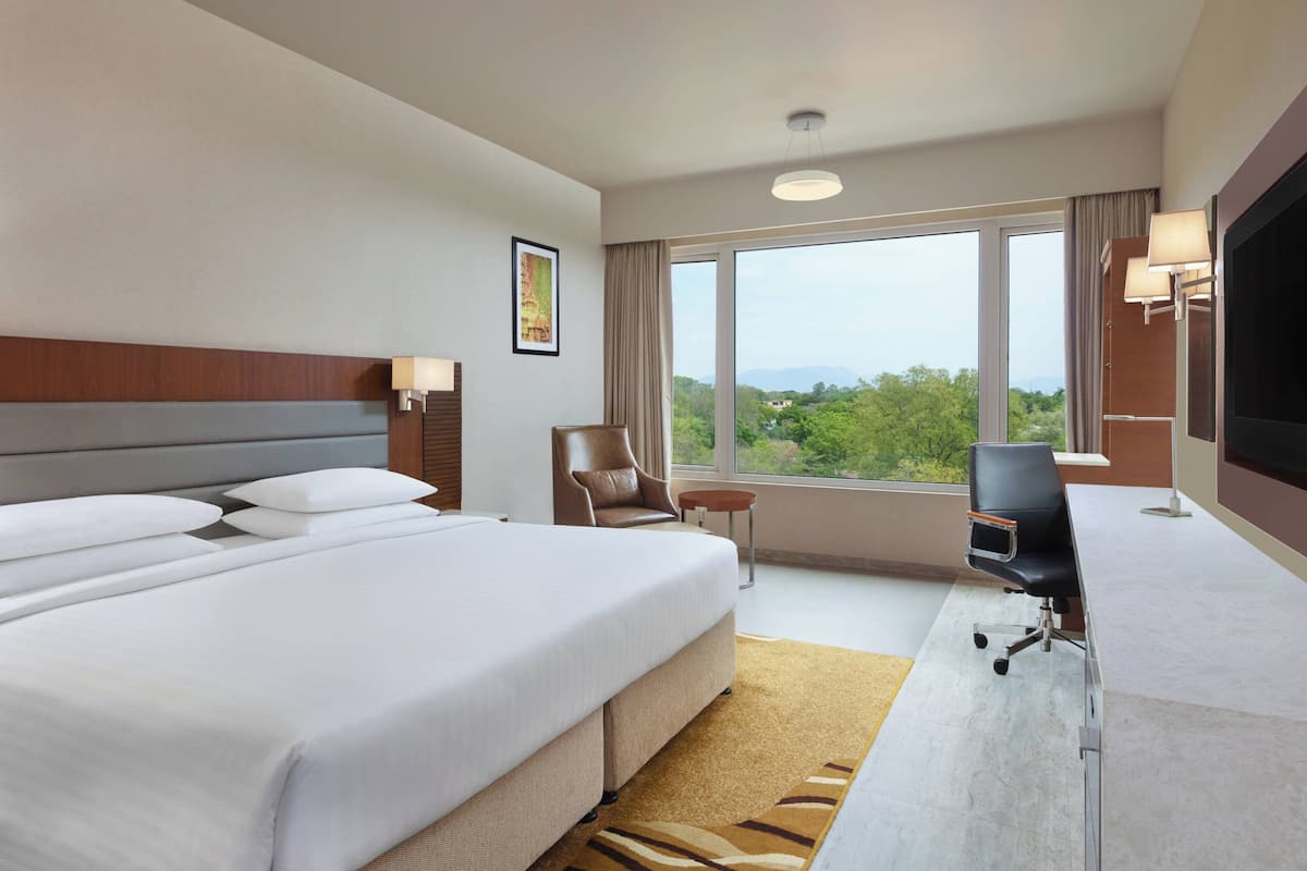 Ein Hotelzimmer mit einem großen Bett, einem Schreibtisch mit Stuhl, einem Fernseher und einem Fenster mit Blick auf Grünflächen.