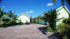 A courtyard with a paved walkway, surrounded by greenery and two buildings with a green roof.