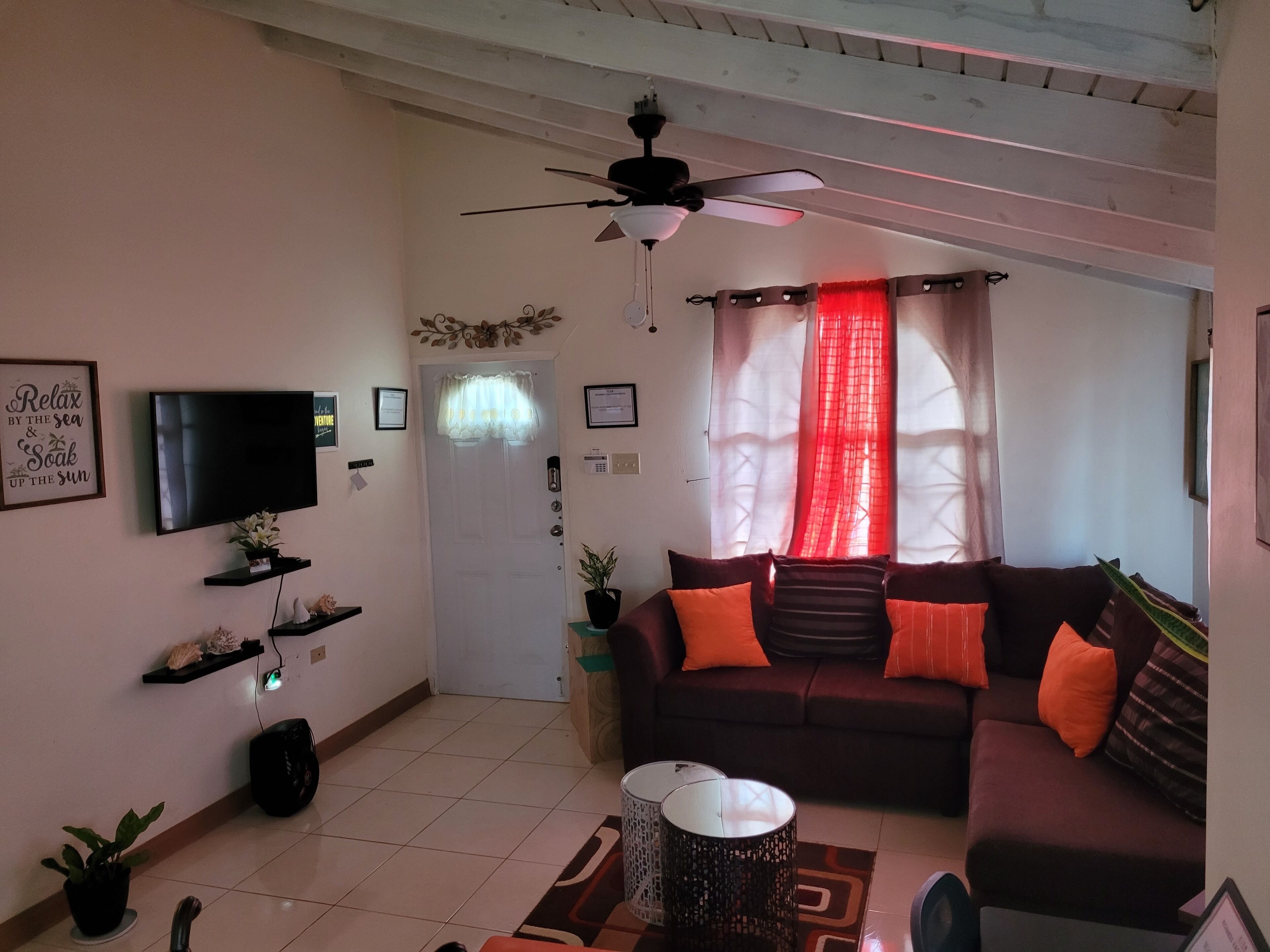 A living room with a sofa, TV, ceiling fan, and decorative items on the walls.