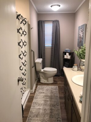 Shower, hair dryer, towels, toilet paper