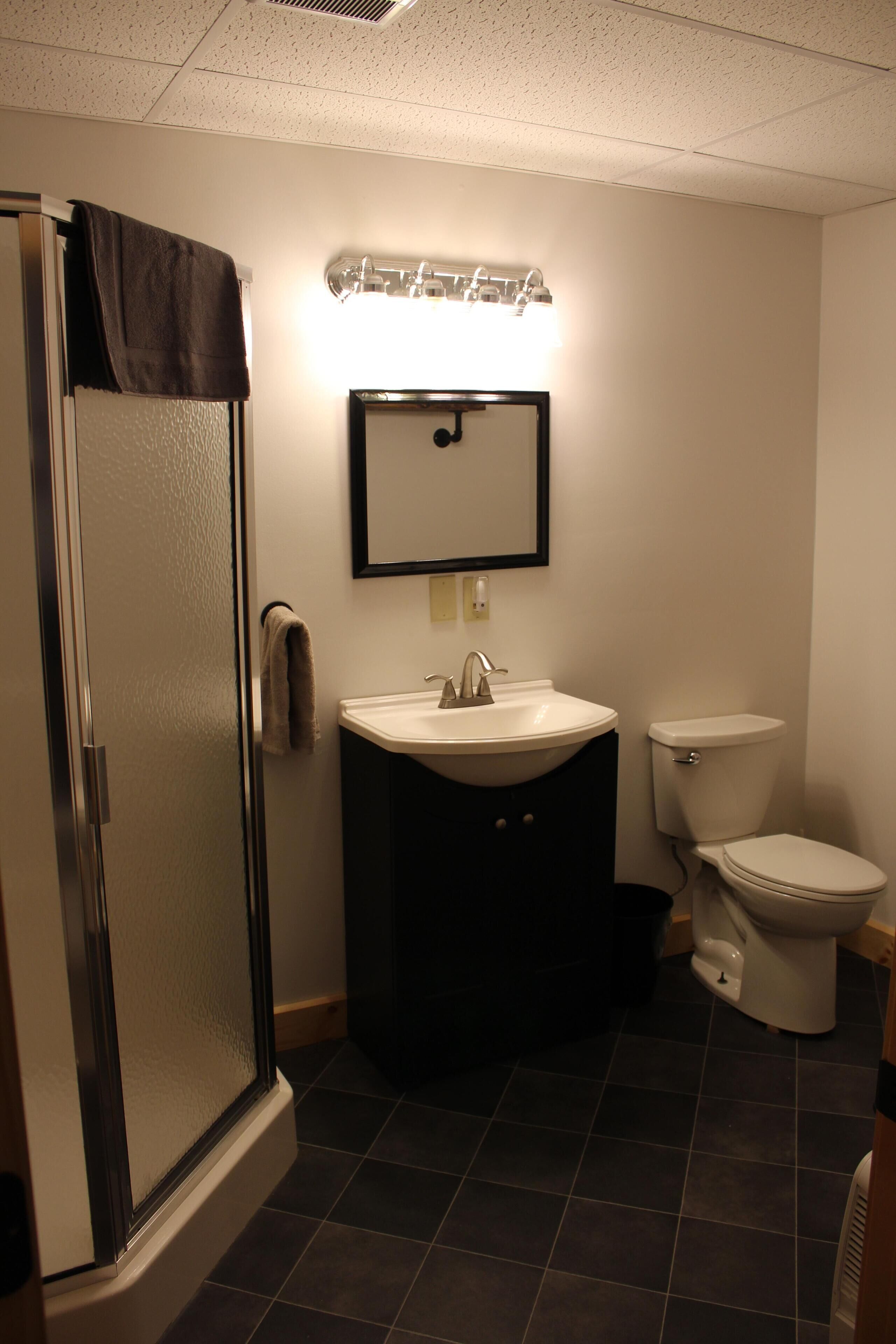 Shower, hair dryer, towels, soap