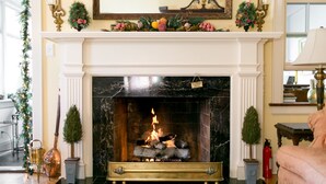 A fireplace with a fire, flanked by two small potted plants, and a sign above it.