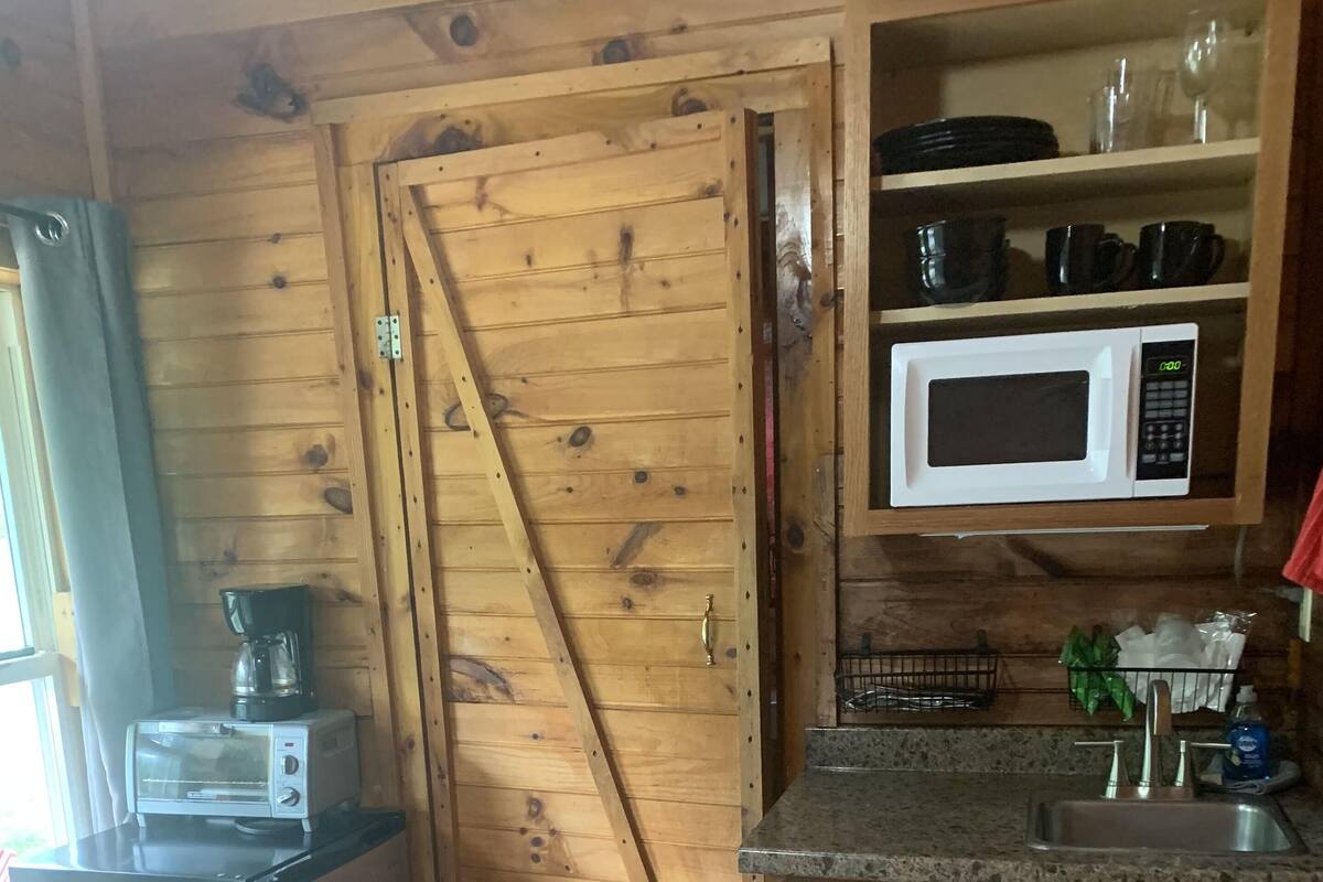 A compact kitchen with wooden walls, a microwave, a toaster, and a sink.