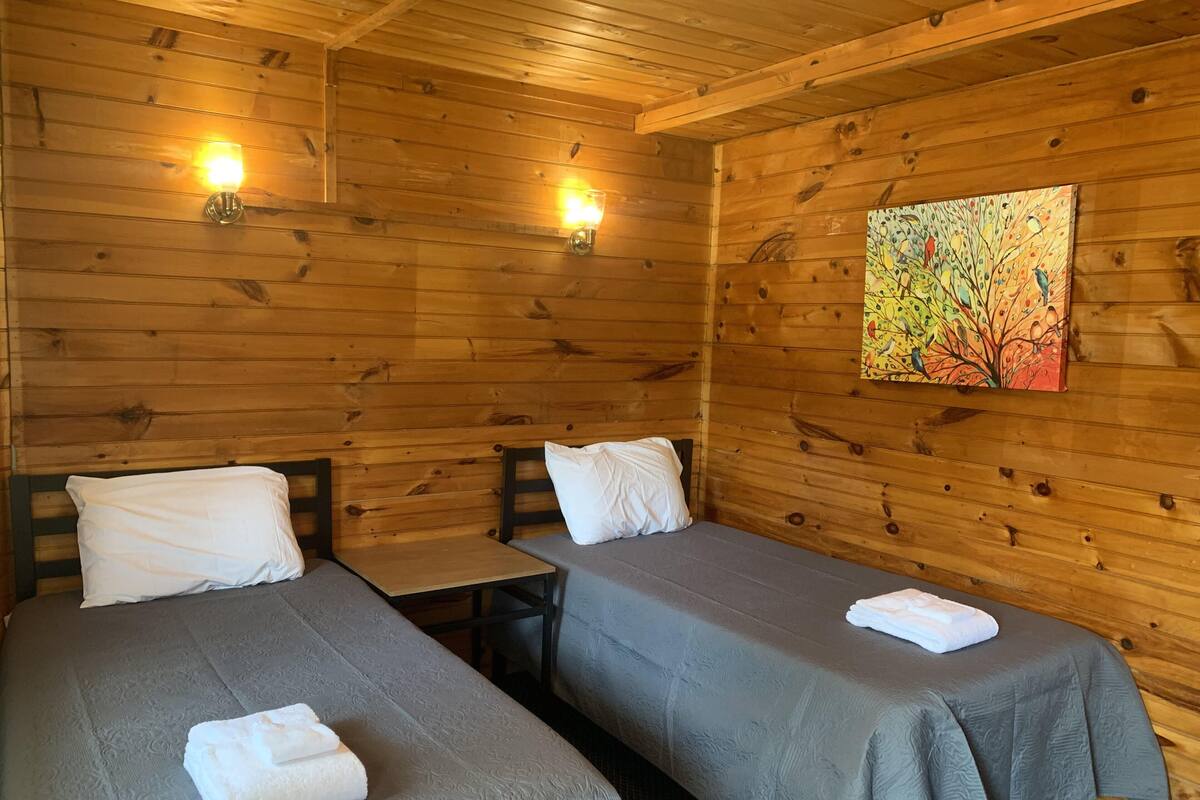A cabin-style room with two single beds, each with a pillow and a folded towel. There is a small table between the beds, and a painting hangs on the wall.