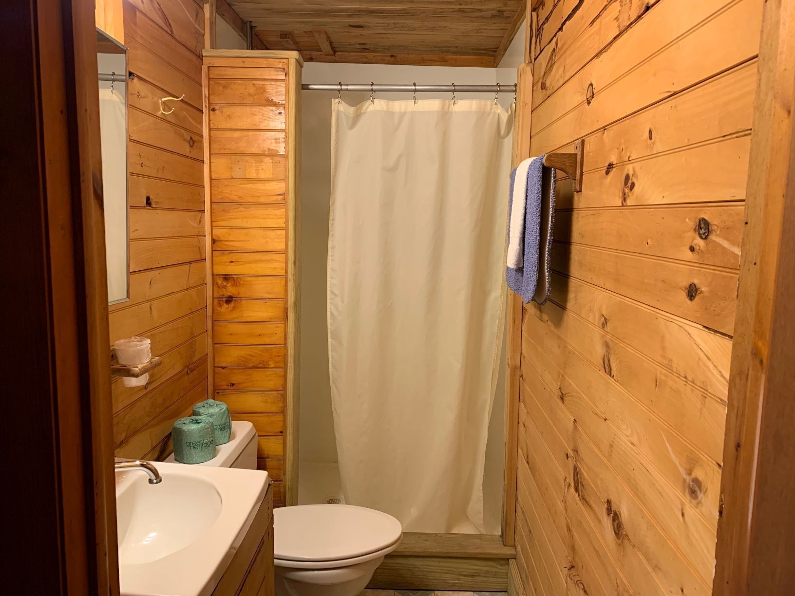 Baño de cabaña de madera con lavabo, inodoro y cortina de ducha.