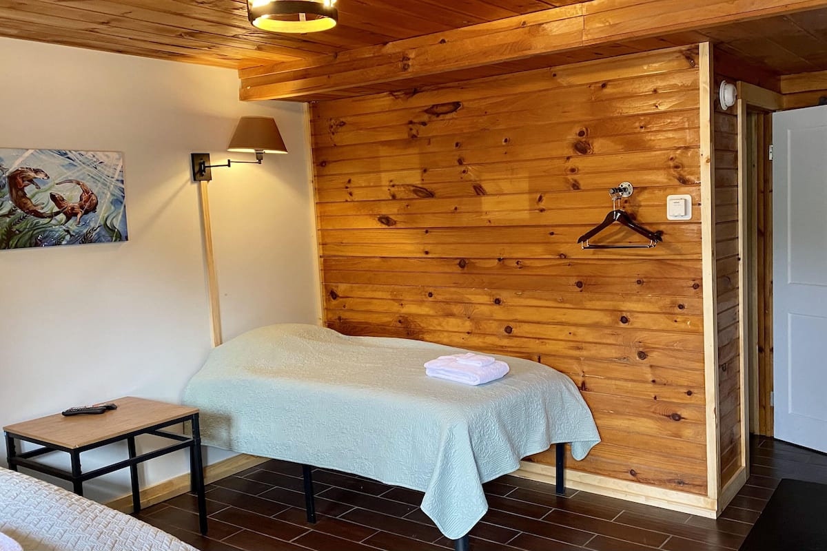 A cozy room with a wooden wall, a bed with a light green bedspread, a small table with a remote control, a wall-mounted lamp, and a door leading to another room.