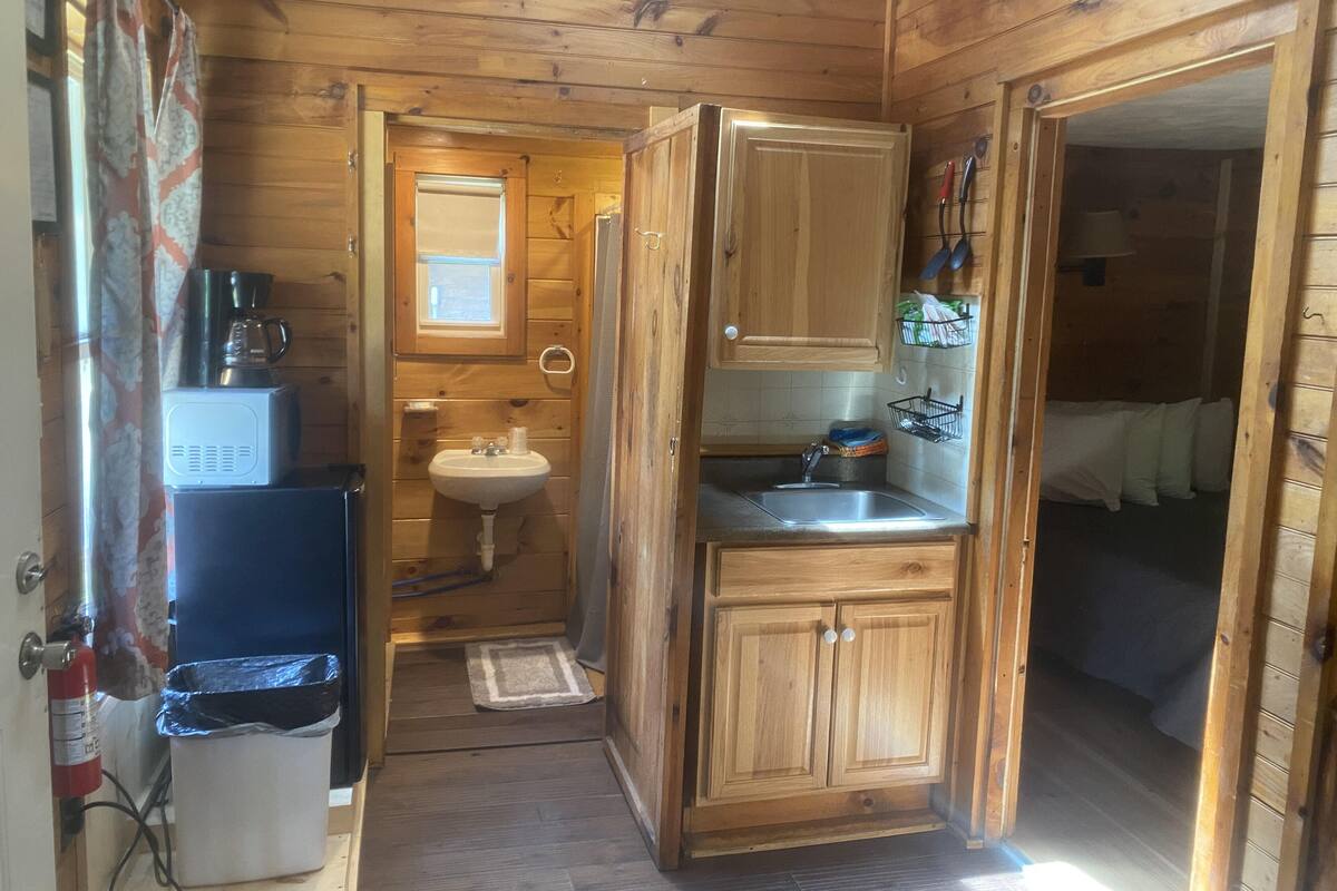 A compact cabin-style room with a kitchenette, including a sink, a coffee maker, and a refrigerator.