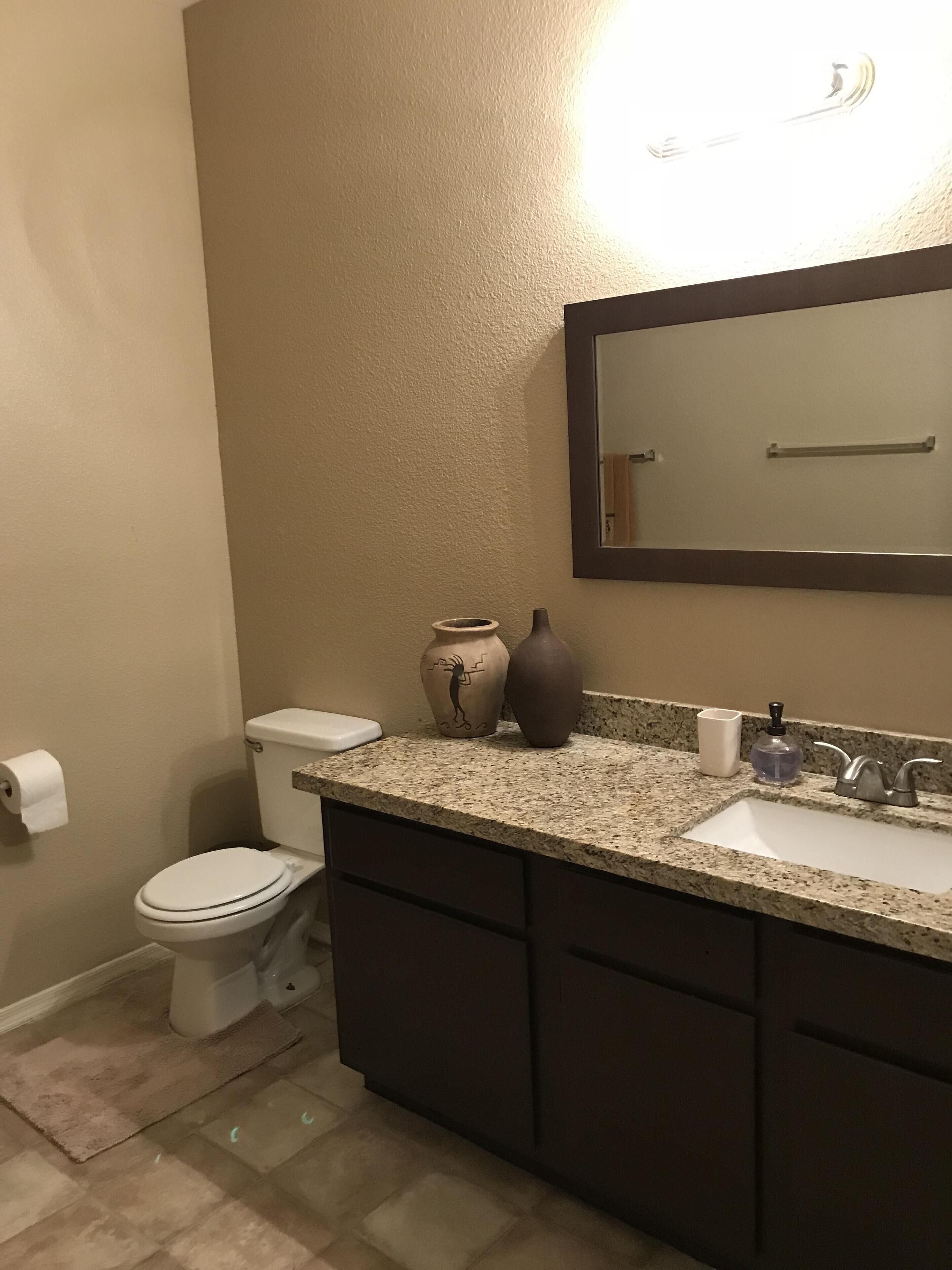 A bathroom with a toilet, sink, mirror, and two decorative vases.