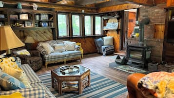 Smart TV, fireplace, DVD player, books