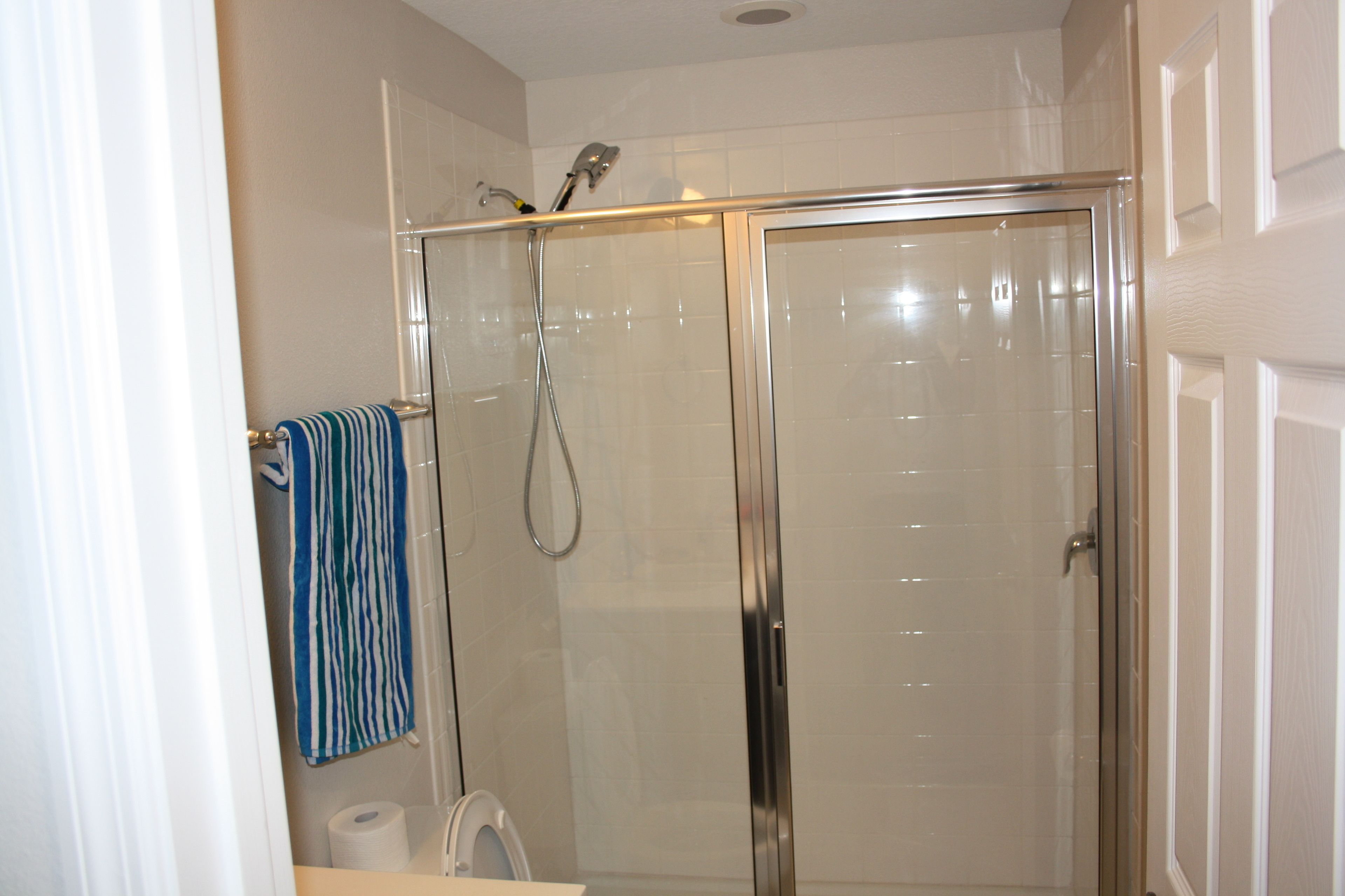 A glass-enclosed shower with a handheld showerhead, a towel rack with a striped towel, and a toilet with a roll of toilet paper.