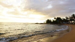 A beach with waves, palm trees, and a sunset.
