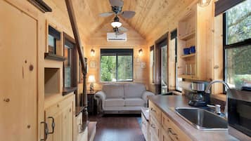 Fridge, microwave, coffee/tea maker, toaster