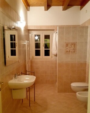 Een douche, een haardroger, een bidet, handdoeken