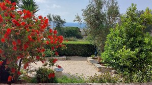 Un jardin où l’on trouve une grande variété de plantes et un sentier recouvert de gravier.