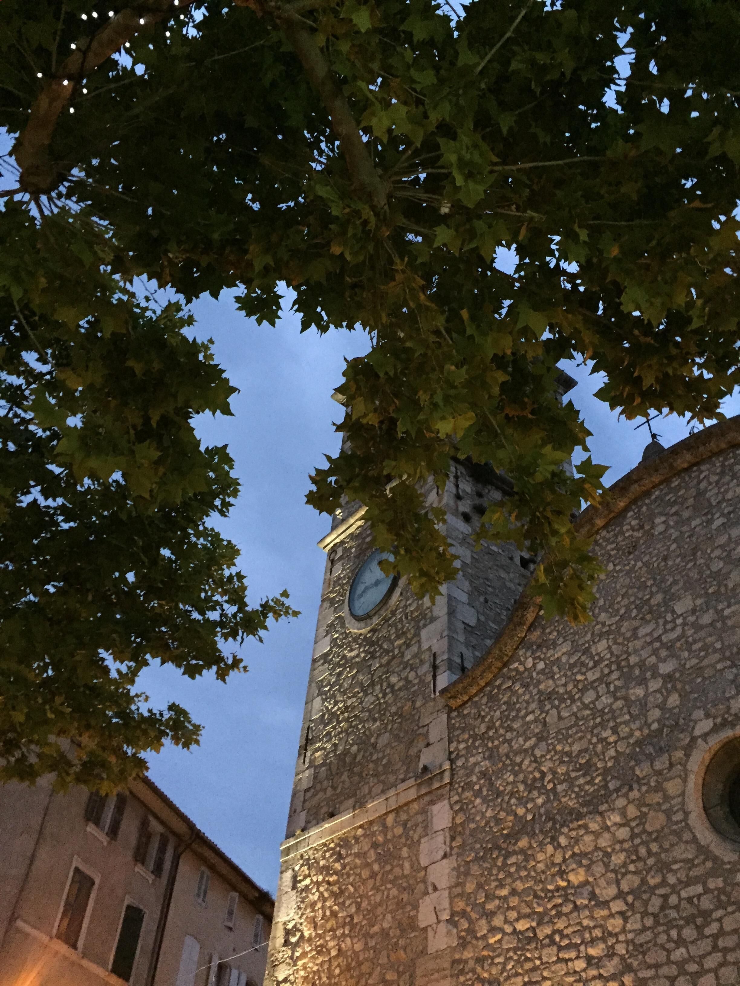 Um edifício de pedra com uma torre do relógio, rodeado por árvores.