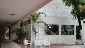 Un espacio al aire libre cubierto con piscina, sillas de metal blanco y plantas en macetas.