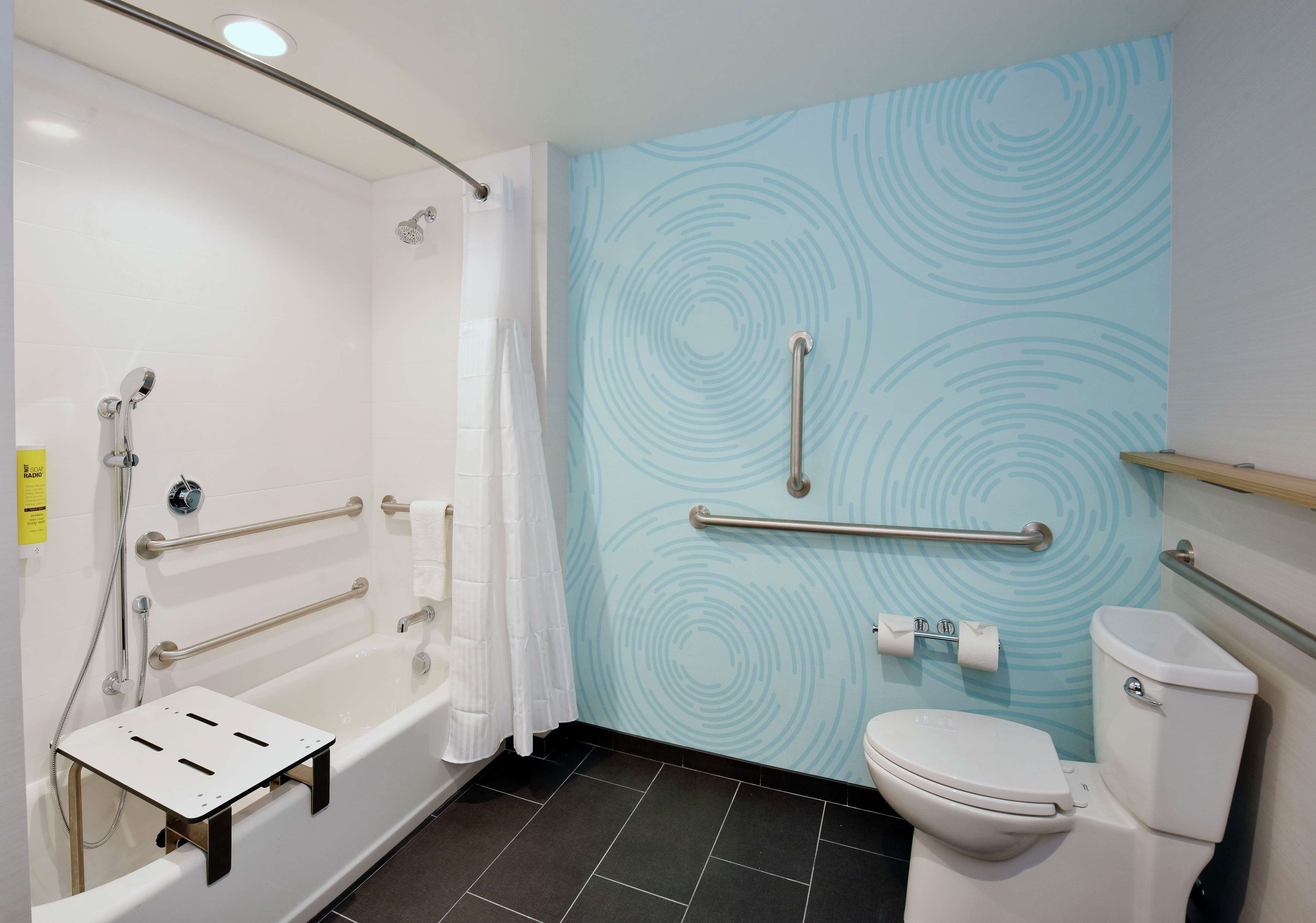 A bathroom with a bathtub, toilet, and shower. There are grab bars installed for safety.
