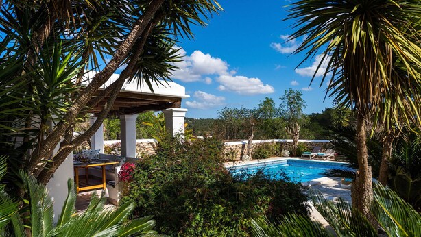 Una piscina rodeada de exuberante vegetación, un pérgola y un muro de piedra.
