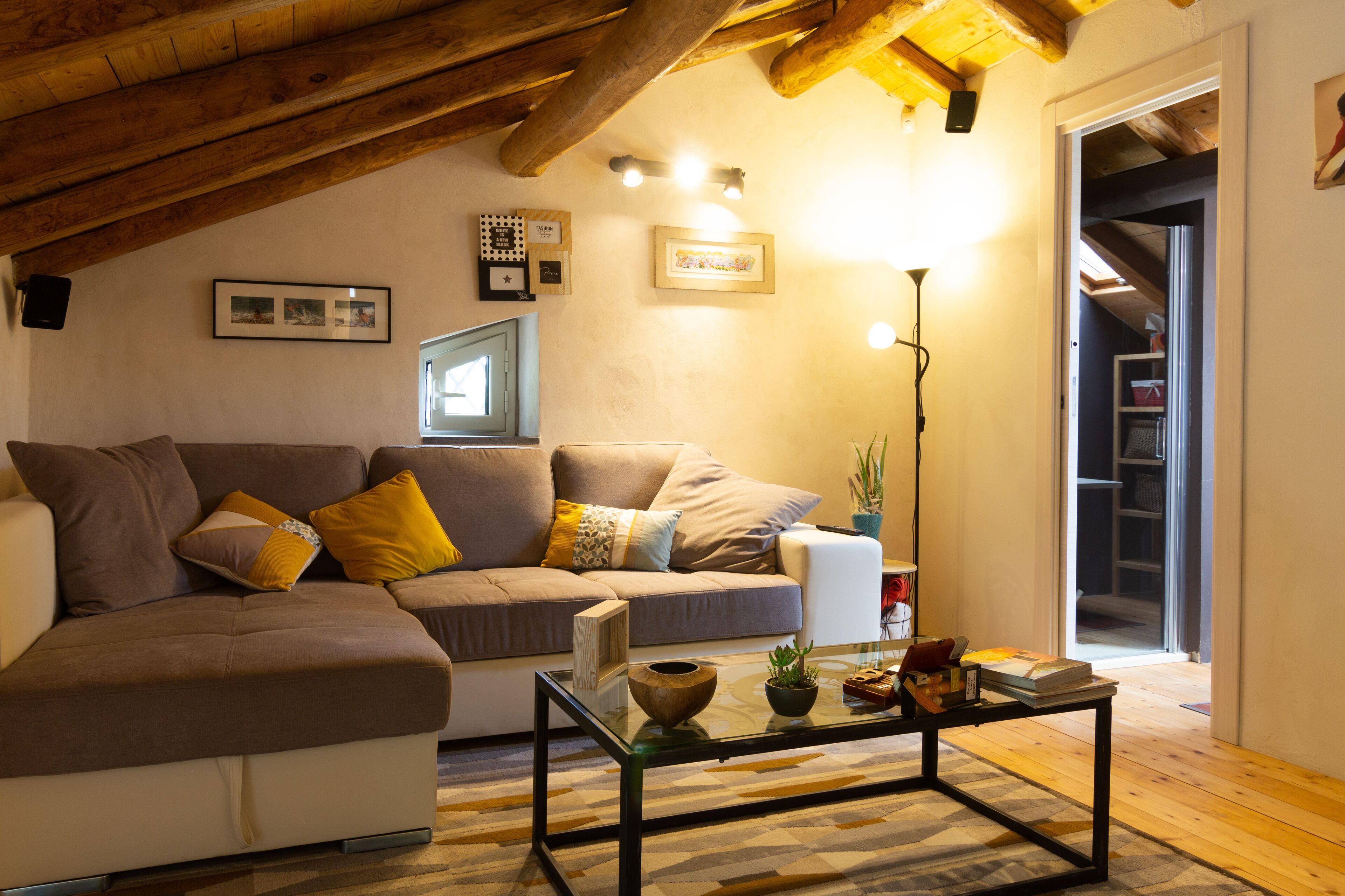 TV, caminetto, lettore DVD, libri