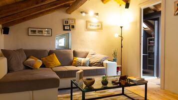 TV, caminetto, lettore DVD, libri