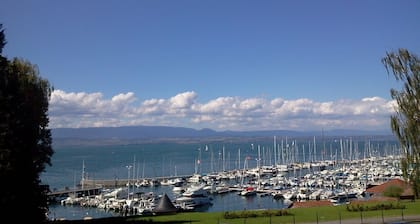 Restored fisherman's house View of Lake Geneva on the port of Thonon Rives