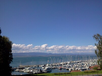Restored fisherman's house View of Lake Geneva on the port of Thonon Rives