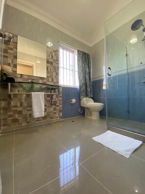 Douche, serviettes fournies, savon, papier de toilette