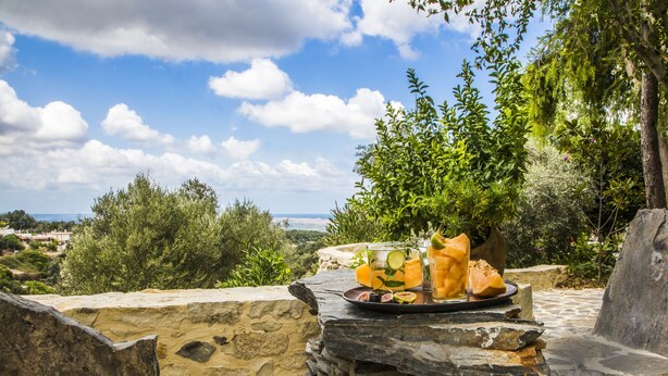 A stone table with a fruit platter and drinks, overlooking a scenic landscape with trees and a distant view of houses. - Elisa Villa (Mylopotamos)