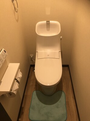 Een toilet met een Lixil label, een witte toiletrolhouder en een groene mat op de vloer.