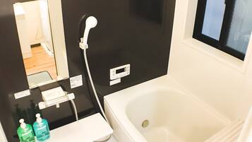 Separate bathtub and shower, free toiletries, hair dryer, slippers