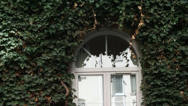 A table set for breakfast with croissants, juice, and coffee, surrounded by ivy-covered walls and a window with potted plants. - Hôtel Les Beaux Arts (Limoges)