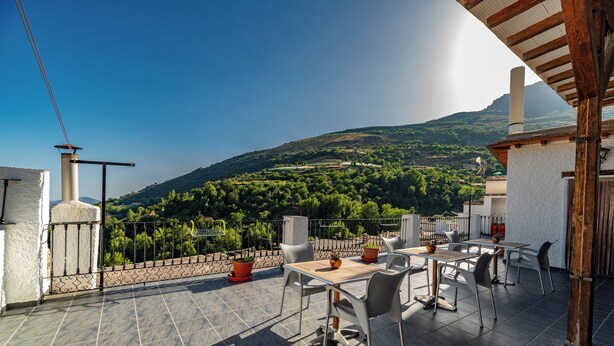 A terrace with a table and chairs, potted plants, and a view of a green hillside. - Hotel La Fragua I (Trevelez)