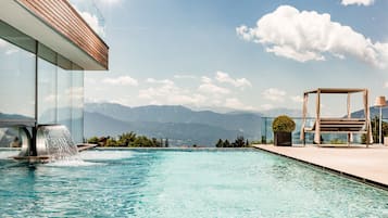 Indoor pool, outdoor pool, pool umbrellas, sun loungers