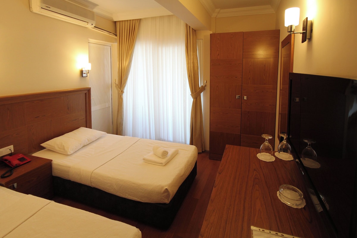 A hotel room with two beds, a wooden headboard, a desk with a telephone, a mirror, and a TV.