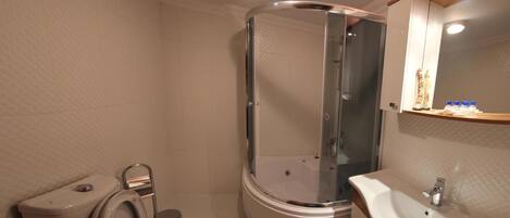 A bathroom with a toilet, a shower enclosure, and a sink.