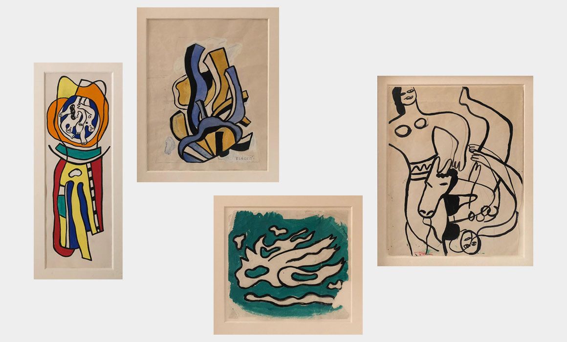 Four framed artworks with abstract designs, each with a unique color scheme and style.