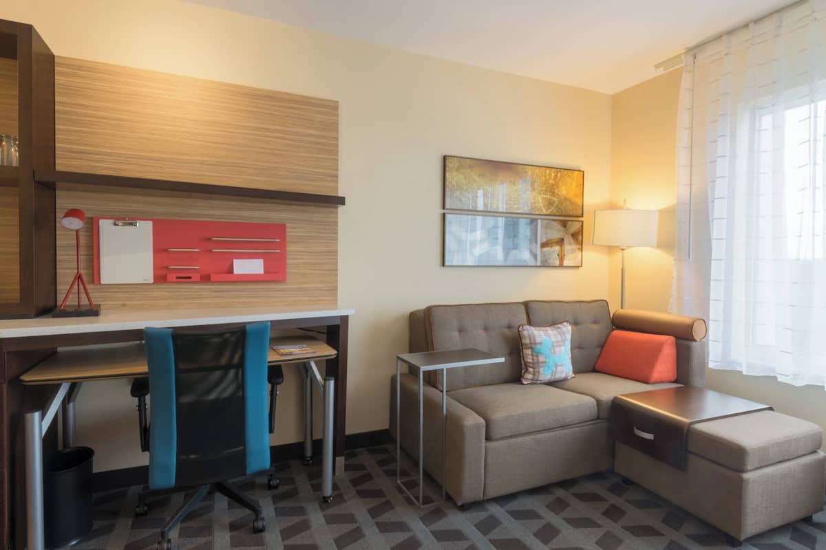 1 bedroom, desk, laptop workspace, blackout curtains